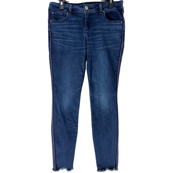 INC International Concepts Skinny Jeans 8 Blue Raw Hem Striped On Sides Retro - Picture 1 of 9
